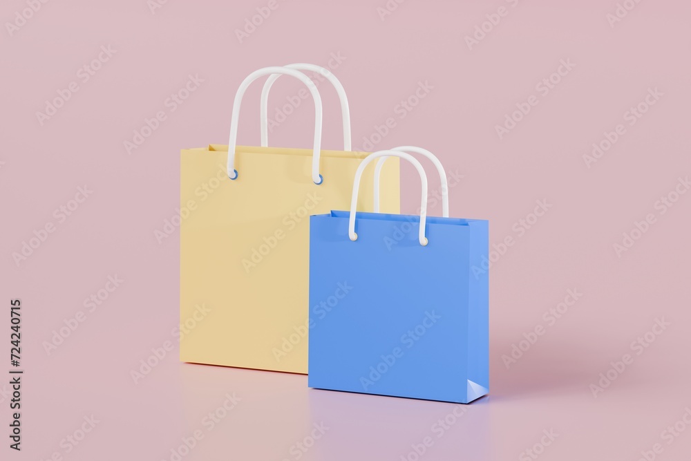3D Minimal blue, yellow Paper bags or shopping bags icon isolated on pink background. Online shopping concept. Ecommerce concept.3d shopping bag minimal cartoon design creative icon. 3d rendering. 3D Minimal blue, yellow Paper bags or shopping bags icon isolated on pink background. Online shopping concept. Ecommerce concept.3d shopping bag minimal cartoon design creative icon. 3d rendering.
