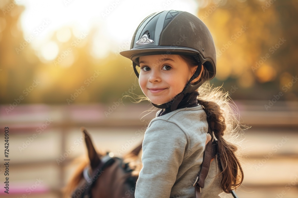 Equitation lesson. Happy child girl while riding a horse Equitation lesson. Happy child girl while riding a horse
