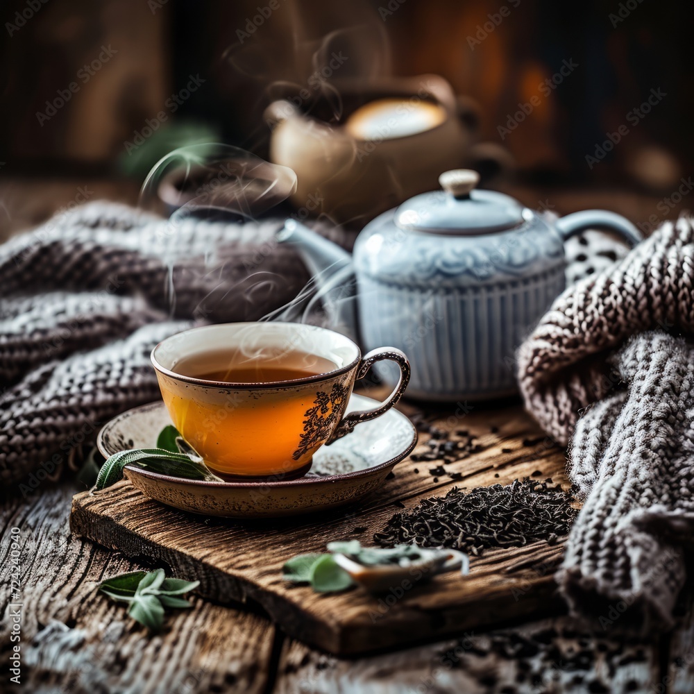 steaming cup of Earl Grey tea sits on a rustic wooden table, surrounded by loose tea leaves steaming cup of Earl Grey tea sits on a rustic wooden table, surrounded by loose tea leaves