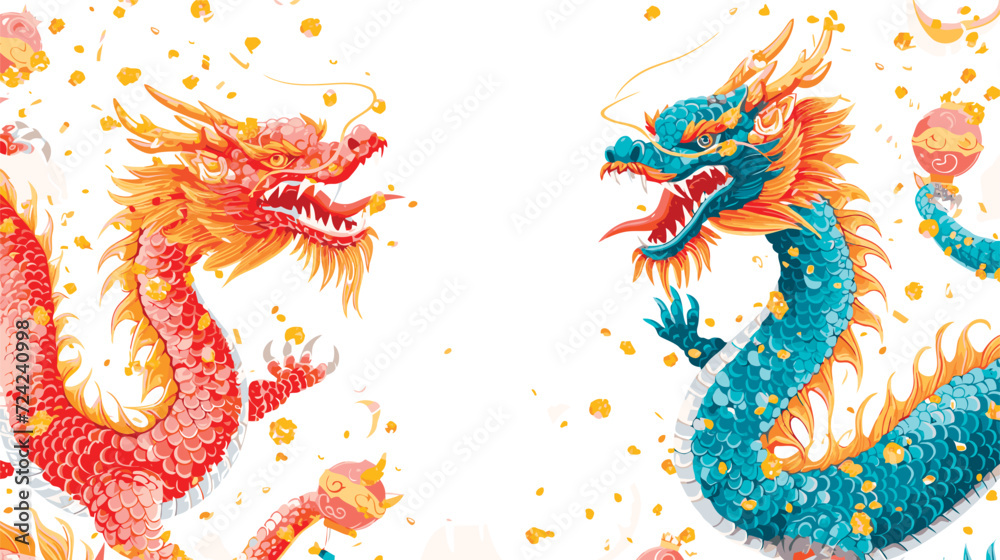 Vector double chinese dragon with confetti white background