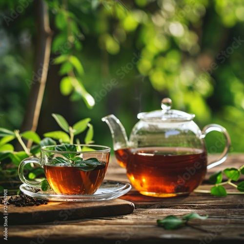 Black tea in glass cup and teapot on summer outdoor background