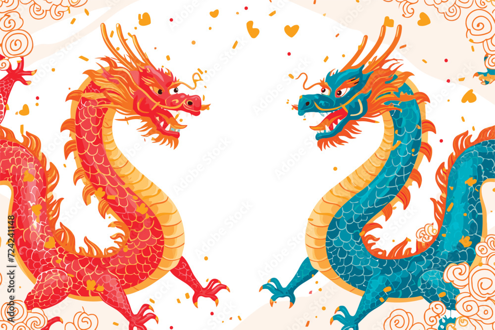 Vector double chinese dragon with confetti white background Vector double chinese dragon with confetti white background