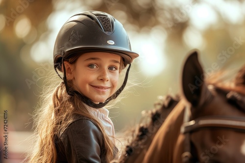 Equitation lesson. Happy child girl while riding a horse © piai