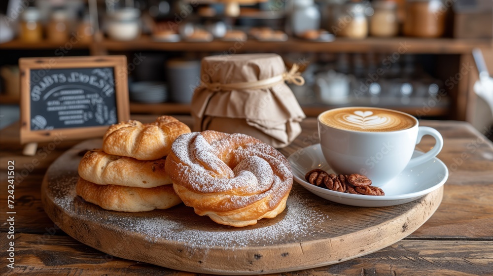 Artisan Pastries and Cappuccino on a Wooden Cafe Table