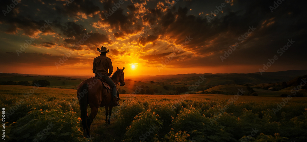 A cowboy riding on the back of a horse on top of a lush green field under a bright orange and yellow sky in the distance is the sun shining through the clouds.