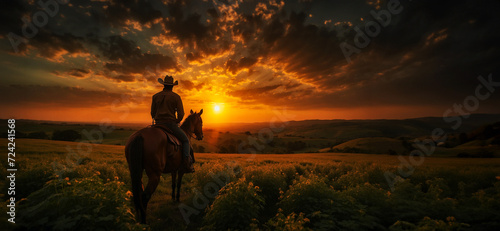 A cowboy riding on the back of a horse on top of a lush green field under a bright orange and yellow sky in the distance is the sun shining through the clouds. © ginettigino