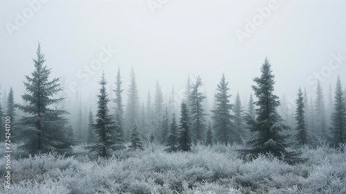 Photographs of boreal forests, also known as taiga forests, found in cold climate regions