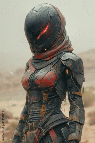 Full body wide angle shot of Athletic female pale huntress covered in black Scorpion style bio-armor