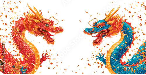 Vector double chinese dragon with confetti white background