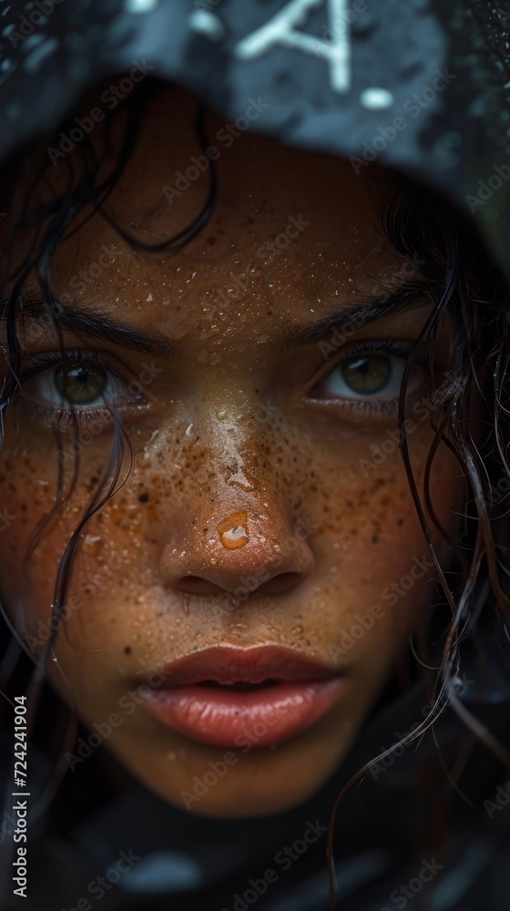 detail shot of a beautiful black-latina womens face, with some freckles, black raincoat with written words detail shot of a beautiful black-latina womens face, with some freckles, black raincoat with written words