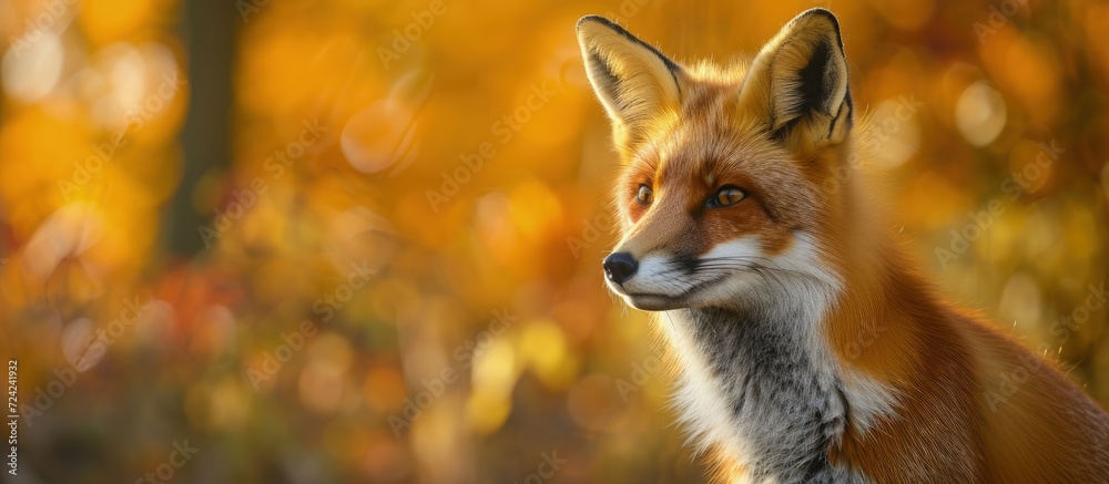 Portrait a red fox or vulpes animal with nature autumn scene blur background. Generated AI image