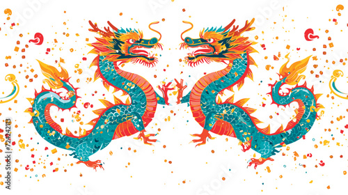 Vector double chinese dragon with confetti white background