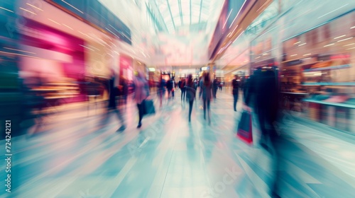 Abstract image of a bustling modern shopping mall, featuring motion-blurred figures of shoppers walking and carrying shopping bags, creating a dynamic and busy atmosphere