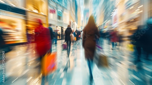 Motion-blurred figures of shoppers with bags stride through a bustling mall, dynamic rhythm of retail.