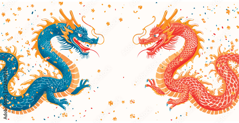 Fototapeta premium Vector double chinese dragon with confetti white background