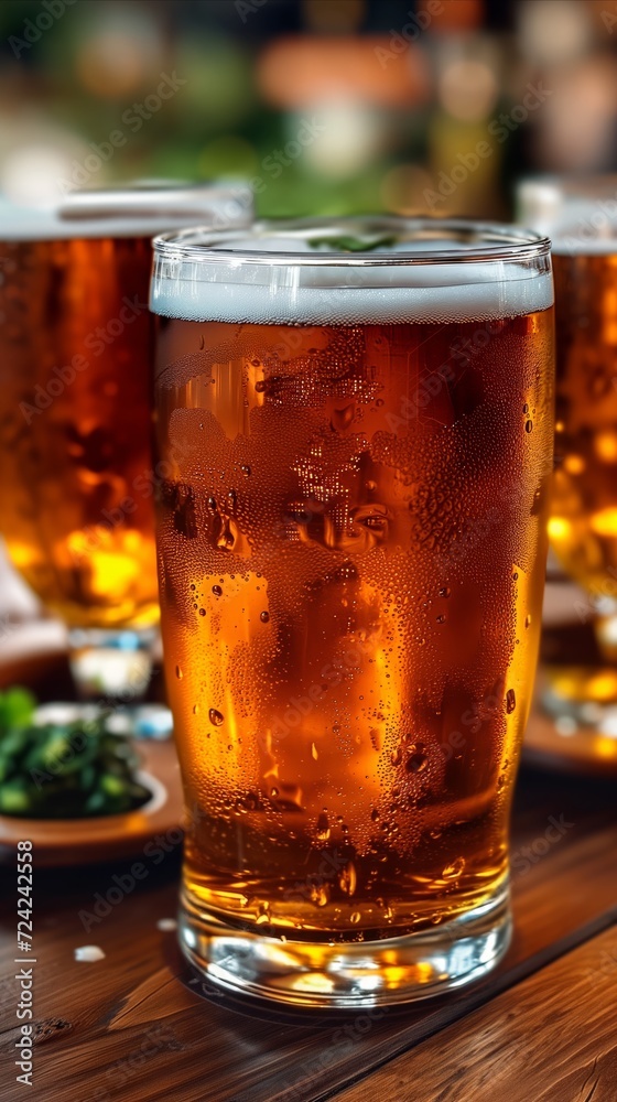 Three Glasses of Beer on Wooden Table Three Glasses of Beer on Wooden Table