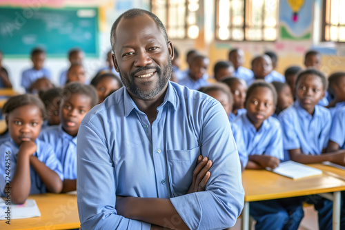 Portrait of an African elementary school teacher   looking at camera with a smile and arms crossed in a classroom full of uniformed students behind him. Kindergarten education concept in Africa