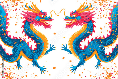 Vector double chinese dragon with confetti white background