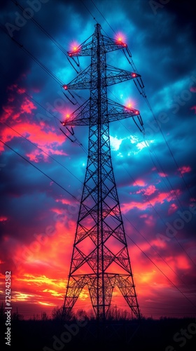Colorful Sky Behind High Voltage Power Line