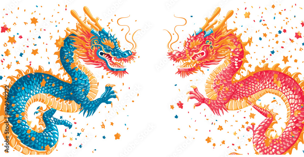 Obraz premium Vector double chinese dragon with confetti white background