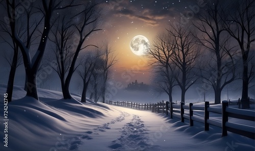 winter landscape, Snow, night sky, Road going far away © A_A88