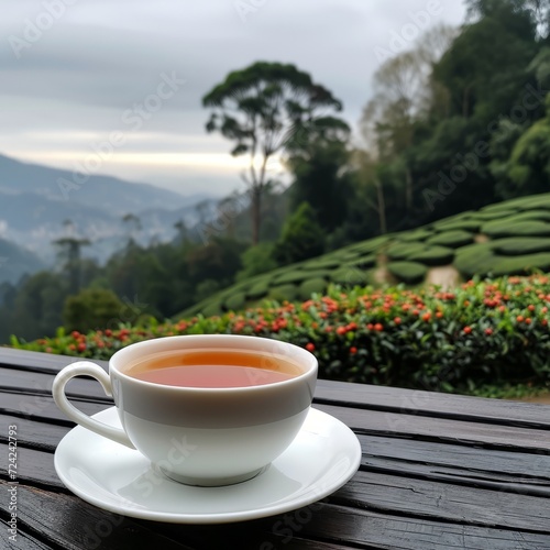 A cup of Darjeeling black tea. In the background you can see the Soom garden with tea plants