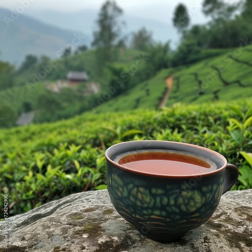 A cup of Darjeeling black tea. In the background you can see the Soom garden with tea plants. photo