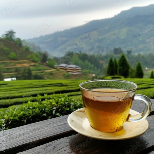 A cup of Darjeeling black tea. In the background you can see the Soom garden with tea plants