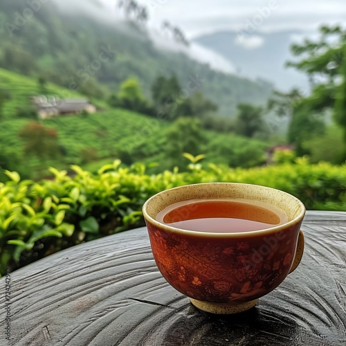 A cup of Darjeeling black tea. In the background you can see the Soom garden with tea plants photo