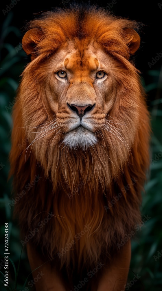 Majestic Lion Portrait Against Dark Foliage