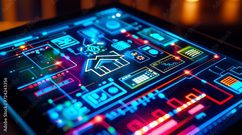 Close-up of a glass tablet controls all the functions of the house such as wi-fi, heating, lighting, television through holography. Concept of, home automation, automations, future, technology