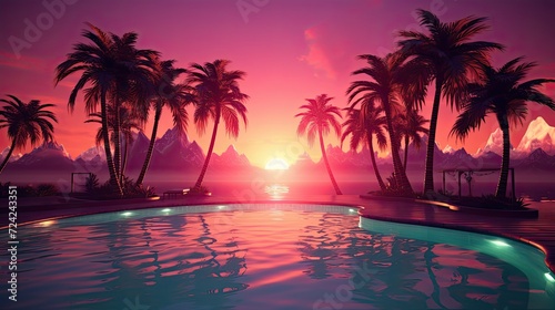 swimming pool with palms. retro wave neon aesthetic. Generative AI