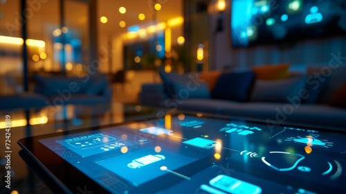 Close-up of a glass tablet controls all the functions of the house such as wi-fi, heating, lighting, television through holography. Concept of, home automation, automations, future, technology photo