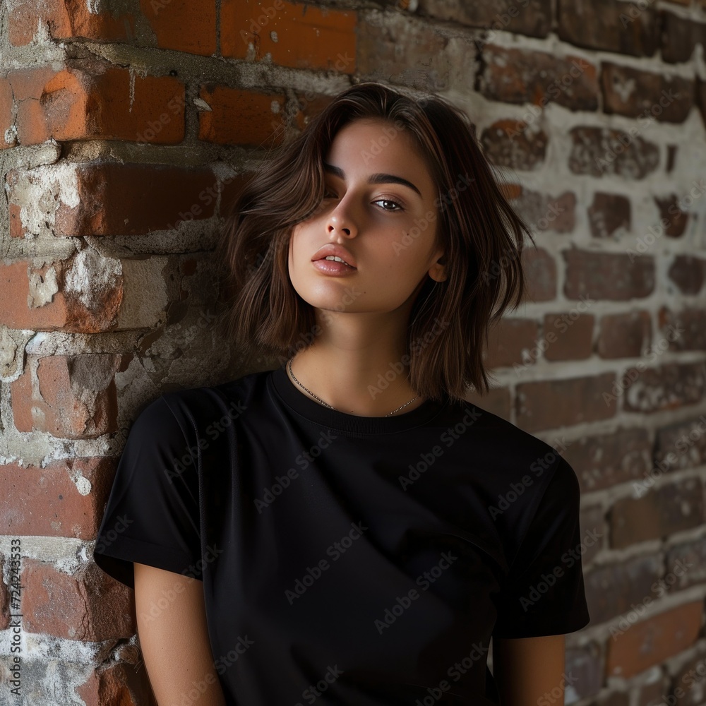 Confident young brunette woman in a black shirt stands against a brick wall in an urban setting. Her sharp focus and stylish outfit exude elegance and sophistication