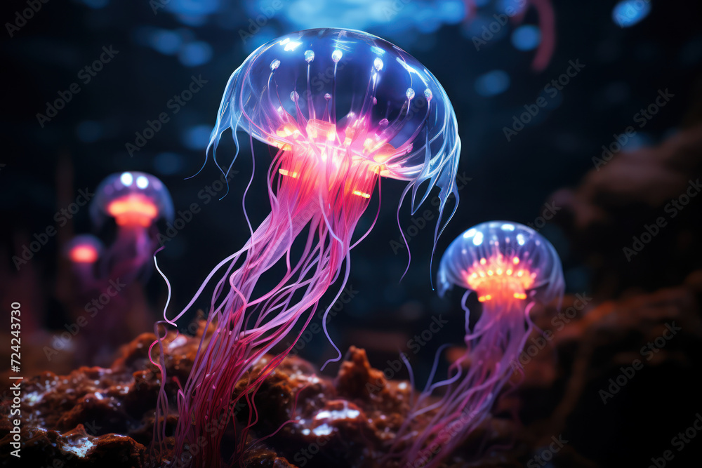 A bioluminescent organism in a deep-sea abyss emanates an otherworldly glow, highlighting the beauty and adaptability of life in extreme environments. Generative Ai. A bioluminescent organism in a deep-sea abyss emanates an otherworldly glow, highlighting the beauty and adaptability of life in extreme environments. Generative Ai.