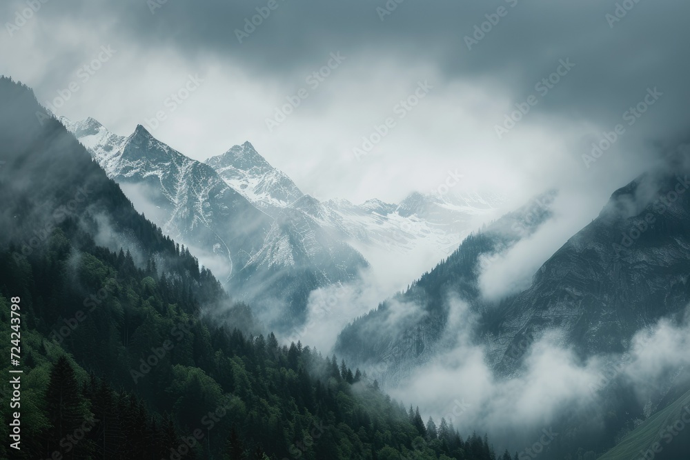 Breathtaking view of majestic snow-capped mountains with jagged peaks, contrasted against smooth cloudy skies. A serene and captivating alpine landscape