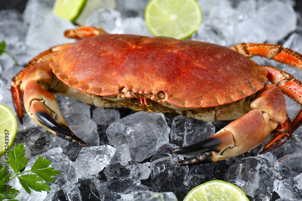 Delicious boiled crab, lime, parsley and ice on table, closeup Delicious boiled crab, lime, parsley and ice on table, closeup