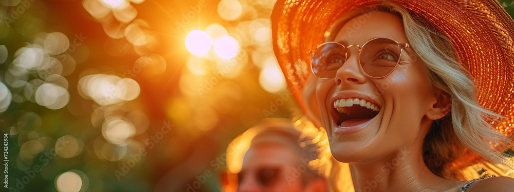Radiant Laughter: A Visionary Woman in a Colorful Hat and Retro Glasses