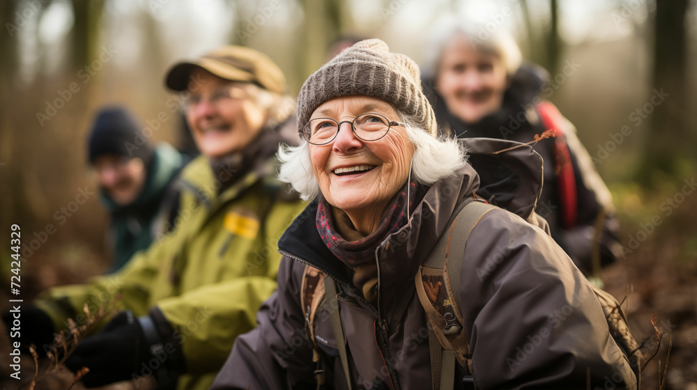 Journey for group of older women, dressed in outdoor clothing, walking together through a lush forest