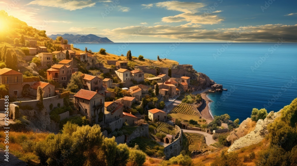 Mediterranean Medieval village along a coastline