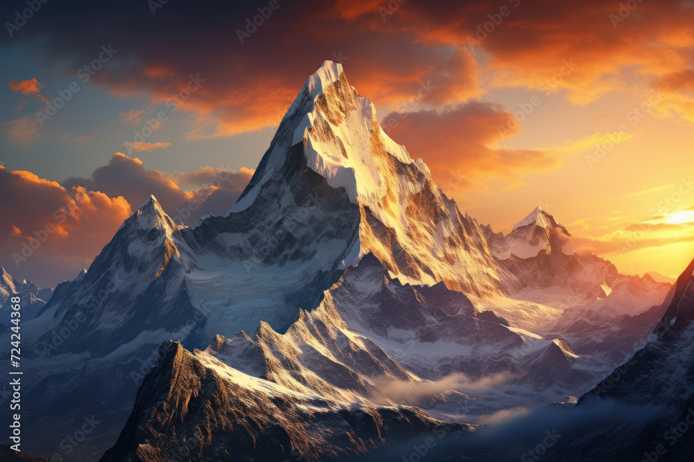 The first rays of dawn illuminate a majestic mountain range, creating a breathtaking panorama that instills a sense of reverence for the natural world.  Generative Ai.