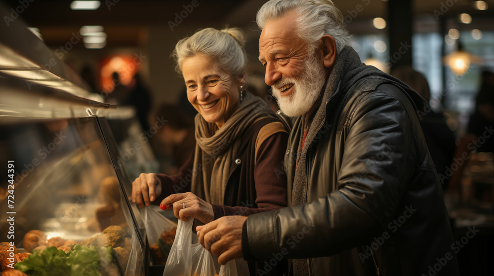 A happy elderly man and woman are standing in front of a showcase of various food products. Generated with AI