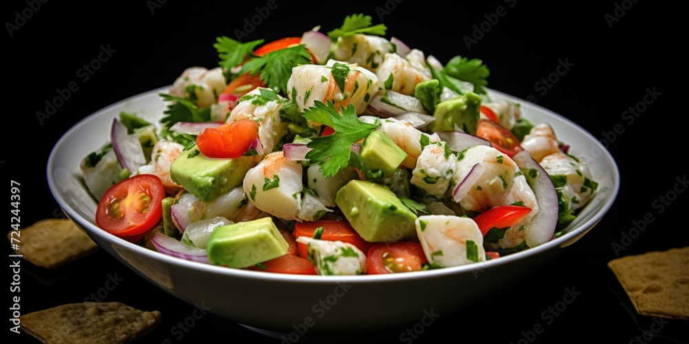 A refreshing shrimp salad with tomatoes and onions, perfect for a light and healthy meal. Generative AI. A refreshing shrimp salad with tomatoes and onions, perfect for a light and healthy meal. Generative AI.
