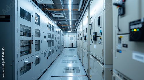 Electrical room of residential or commercial building. Multiple smart meters, main power breaker, meter stacks and cabinets. Perspective view photo