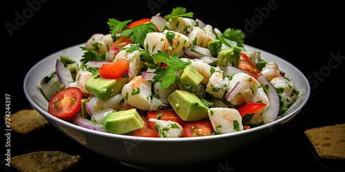 A refreshing shrimp salad with tomatoes and onions, perfect for a light and healthy meal. Generative AI.