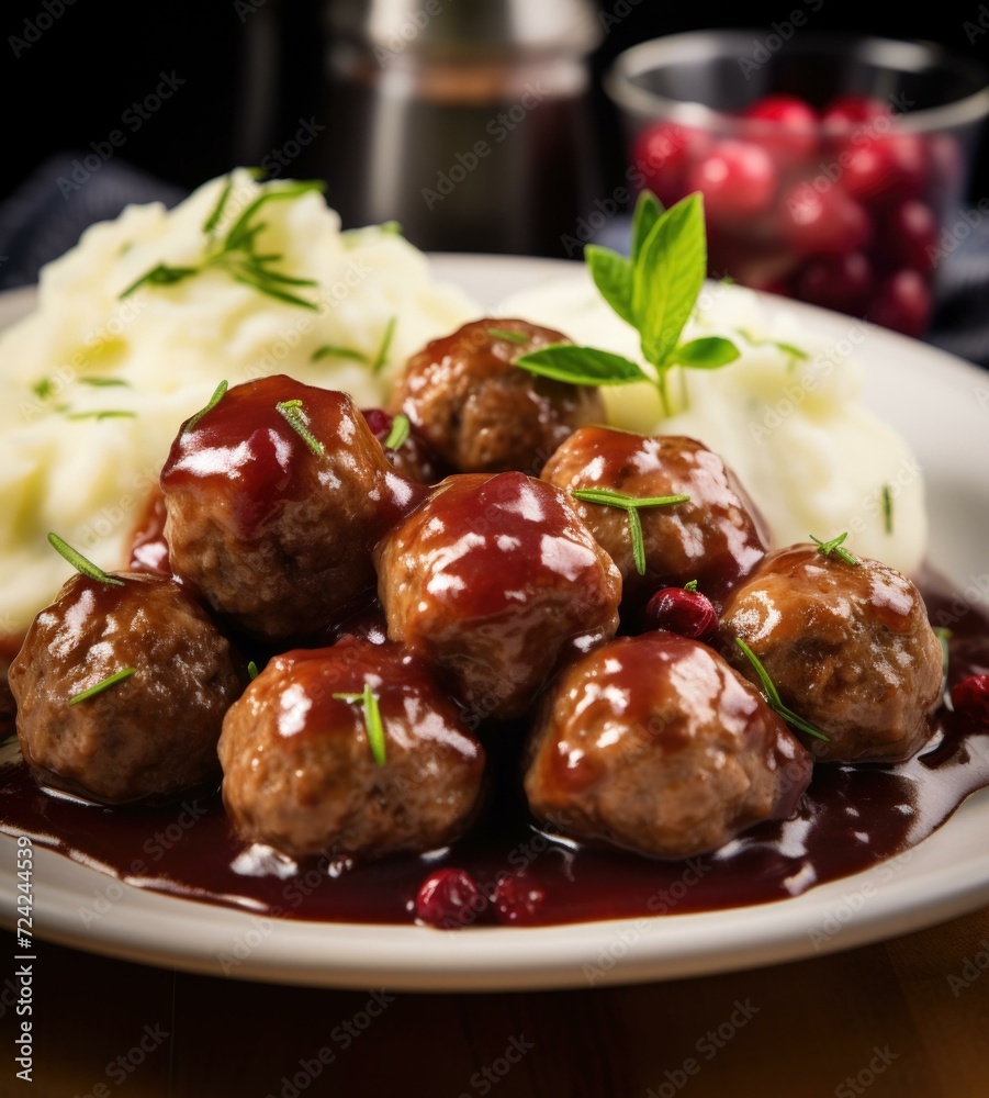 A plate of meatballs with cranberry sauce and mashed potatoes. Generative AI. A plate of meatballs with cranberry sauce and mashed potatoes. Generative AI.