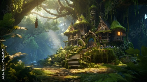 a detailed old overgrown cottage fantasy tree house in a mystical rainforest