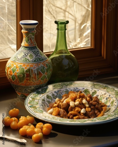 A vibrant Moroccan tagine with lamb, apricots, almonds, and chickpeas, served with couscous and mint tea. Generative AI.