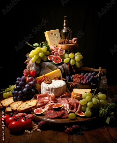 A stunning charcuterie board featuring a delectable assortment of cheeses, grapes, cured meats, figs, and nuts, elegantly arranged on a rustic wooden table. Generative AI.