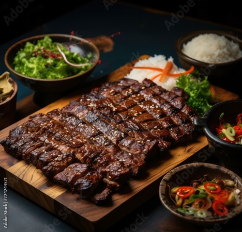 Succulent Korean short ribs with a sweet and savory glaze, served with , pickled radish, and steamed rice on a wooden board. Generative AI.
